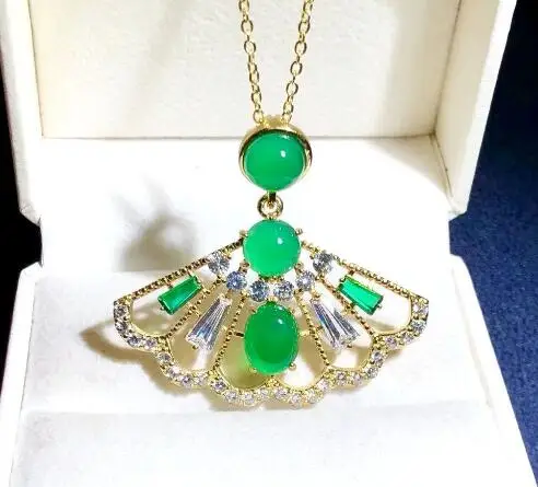 

Real Natural jade Emerald Chalcedony agate rhinestone Fan pendant Zircon crystal jewelry