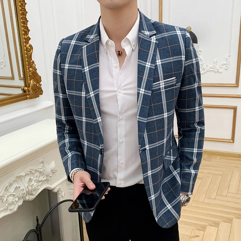 

2021 Vintage Plaid Blazer British Stylish Male Slim fit Blazer Suit Jacket Business Casual One Button Blazer Men Regular Hombre