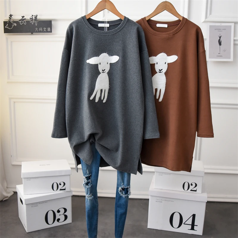 

Длинный женский толстый хлопковый пуловер с длинным рукавом, свободная повседневная футболка серого цвета с принтом животных