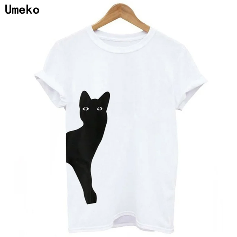 

Umeko модные повседневные свободные смешные футболки для женщин летние Kawaii Cat принт с коротким рукавом O-образным вырезом Удобная Хлопковая же...