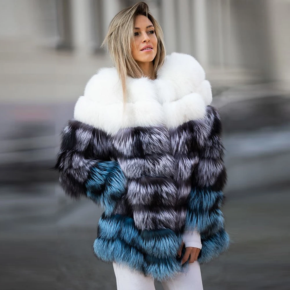 Mid-length Natural Fox Fur Jacket for Women Winter Outwear Luxury Fashion Women Real Fox Fur Coat Color Patchwork Fur Overcoats