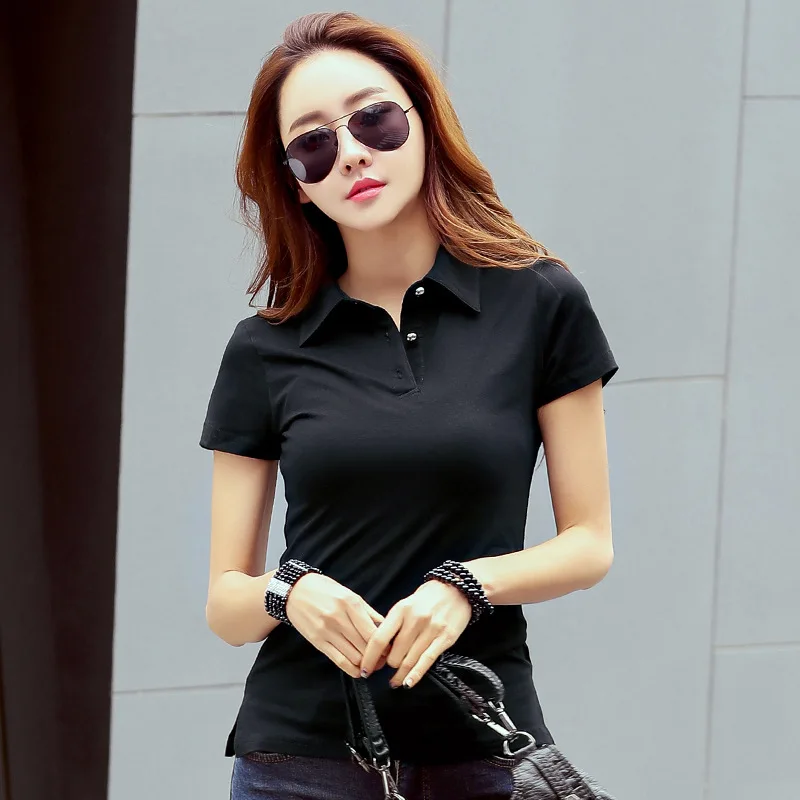 Летняя рубашка поло для женщин однотонная облегающая женская с коротким рукавом