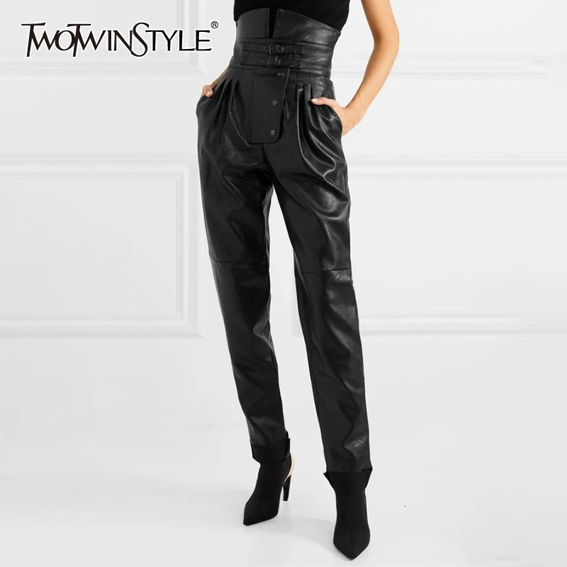 

TWOTWINSTYLE PU Leather High Street Style Women's Pants High Waist Ruched Asymmetrical Trousers Female Fashion Clothing 2021 New