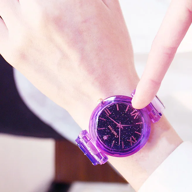 Purple Новые модные детские часы силиконовые прозрачные студенческие часы желе звездное небо дети мальчики часы милые девушки наручные часы - Цвет: Purple