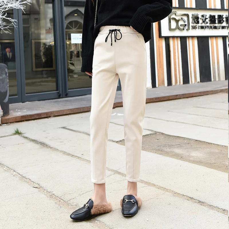 Женские однотонные брюки со средней талией 2020 толстые шерстяные модные черные