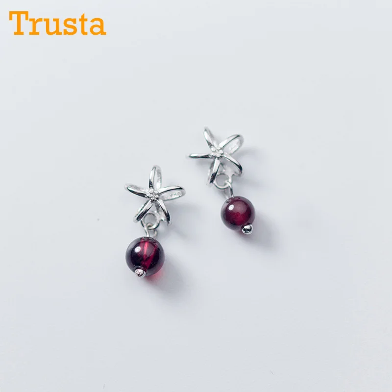 Trusta,, 925, твердые, Настоящее серебро, модные, крошечные, 7 мм X 13 мм, цветок, красный гранат, серьги-гвоздики для женщин, девушек, ювелирные изделия, DS1137