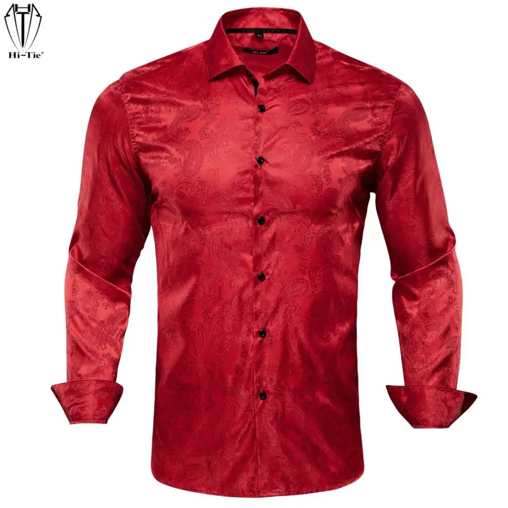 

Hi-Tie Luxury Silk Mens Shirts Long Sleeve Red Paisley Men Shirt Slim Fit For Male Dress Jeans Casual High Quality Wedding Gift