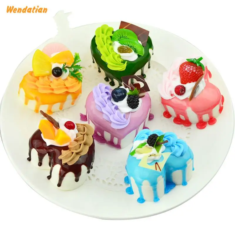 

Home Decor Decoration Crafts Miniatures Pu Restaurant Simulation Heart Shaped Fruit Cream Cake Model Fridge Magnets 6pcs/lot