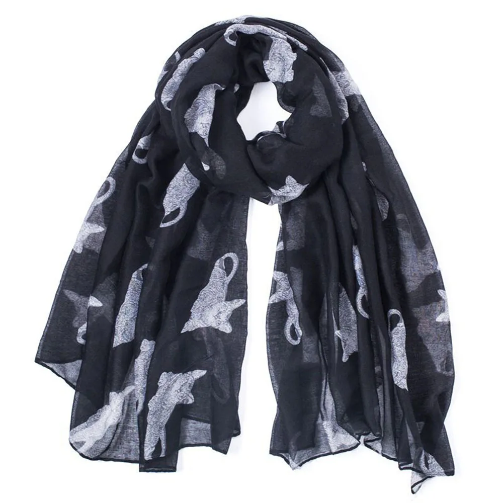 Женский длинный шарф с принтом кошки серый или темно-синий теплый шарф-шаль