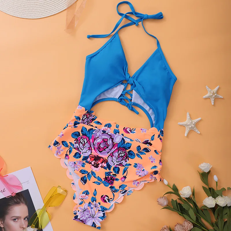 

2021 New One-Piece Printed Backless Floral Bikini Swimsuit Set