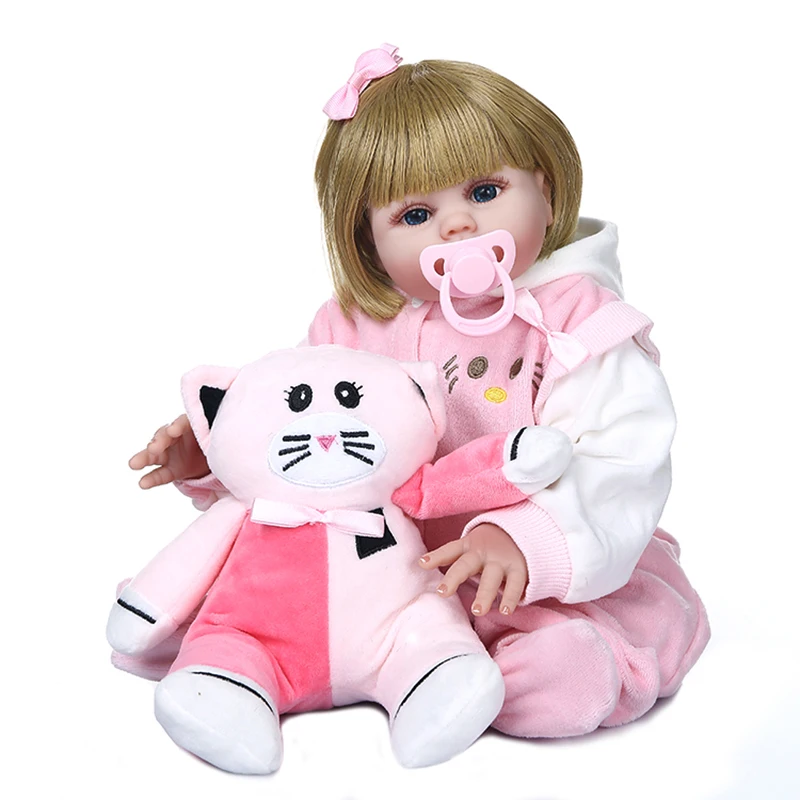 

48CM full body soft silicone bebe doll reborn baby girl in pink Kitten dress set lifelike flexible baby doll
