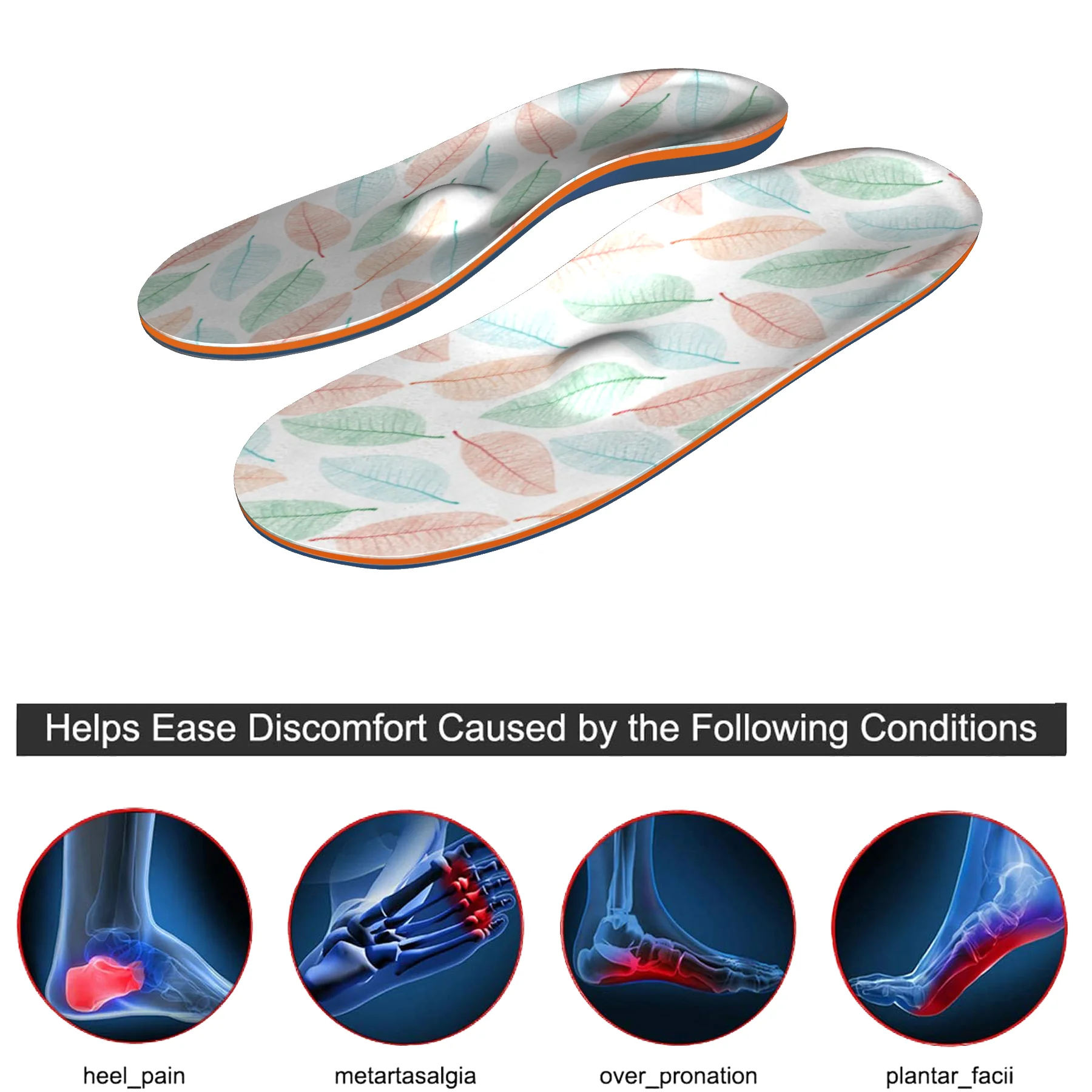 

Memory Foam Colorful Leaf High Arch Support Orthopedic Inserted Insole Flat Feet Foot for Men and Women Sneaker