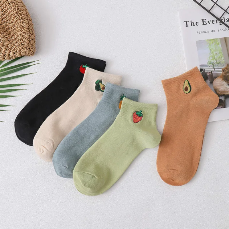 Женские Модные хлопковые носки с вышитыми фруктами однотонные Повседневные