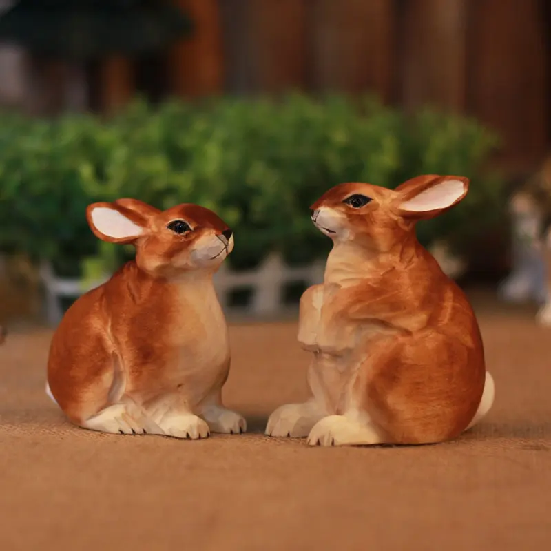 

2Pcs wood carving crafts Bunny rabbits combination home decoration hand-carved wooden animal ornaments