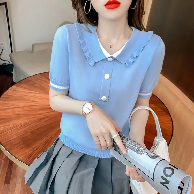 

Baby collar ice silk short sleeve T-shirt women summer new loose thin belly covered sweater top women