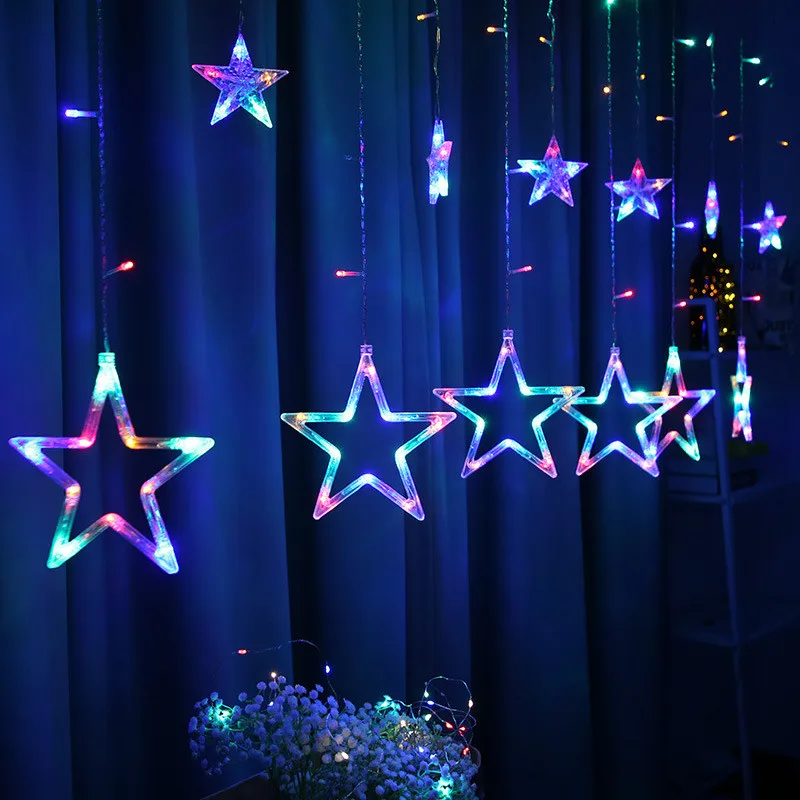 

Navidad Fairy Solar LED Light Outdoor String Five-pointed Star Decorative Curtain Lamp Christmas New Year Street Garland Lamp