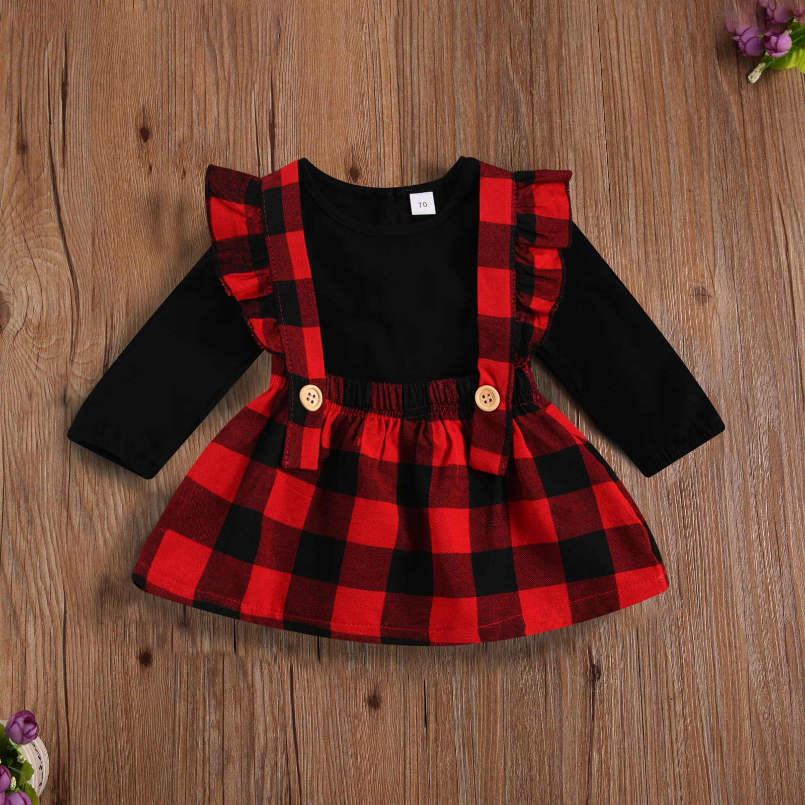 

Комплект из двух предметов для девочек; Детский однотонный топ с длинными рукавами и вырезом лодочкой; Клетчатая юбка без бретелек с оборка...