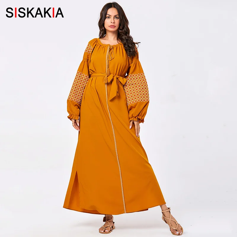 Женское длинное платье с вышивкой Siskakia оранжевое и желтое круглым вырезом