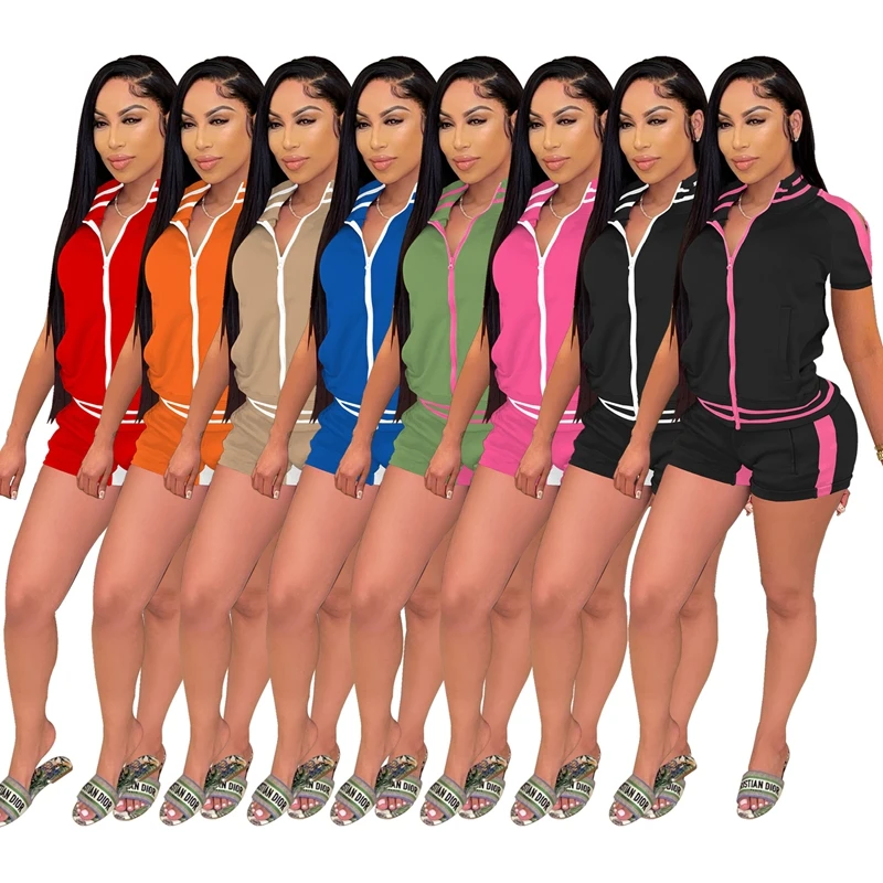 

ZKYZWX Sexy Striped Print Two Piece Tracksuit Hollow Shoulder Top Biker Shorts for Women Summer Clothes Loungewear Matching Sets