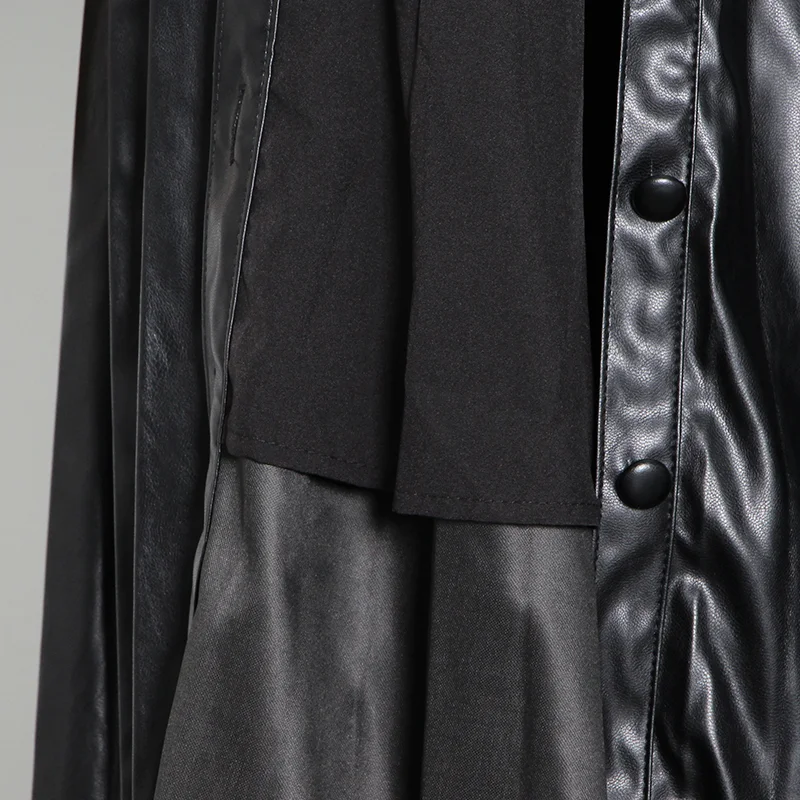 

Women Autumn Leather Dress High Waist Sashes Tunic Pleated Midi Dress
