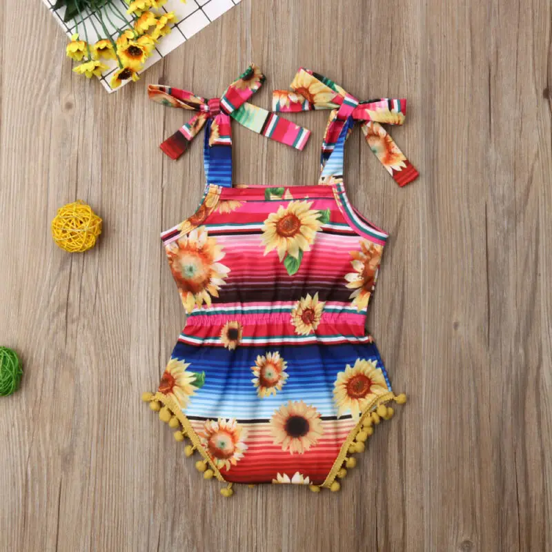 Summer Newborn Baby Girl Sunflower Tassels Floral Print Romper Body Suit Jumpsuit Outfits Babe Kids Clothes Sunsuits Clothings | Мать и