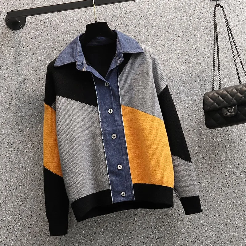 

Large Size Korean Contrast Color Fake Two Sweater Coat Demin Patchwork Knitted Jacket 2021 Spring New Turn-down Collar Cardigan