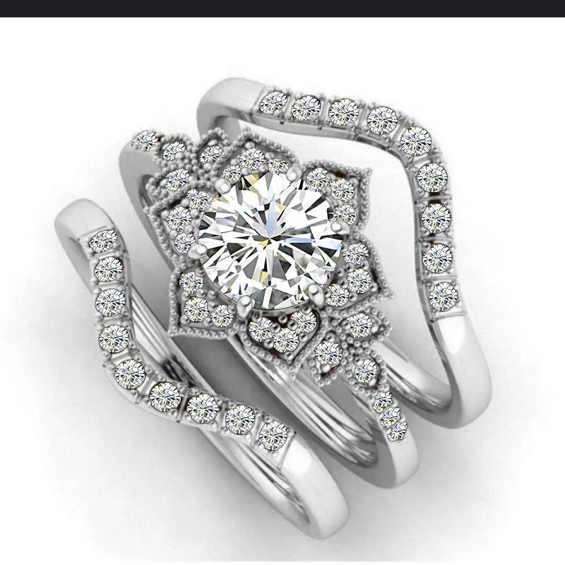 

Fashion Three-piece Black Zircon Flower Ring Simple Simple Creative Banquet Flower Rings Set for Women