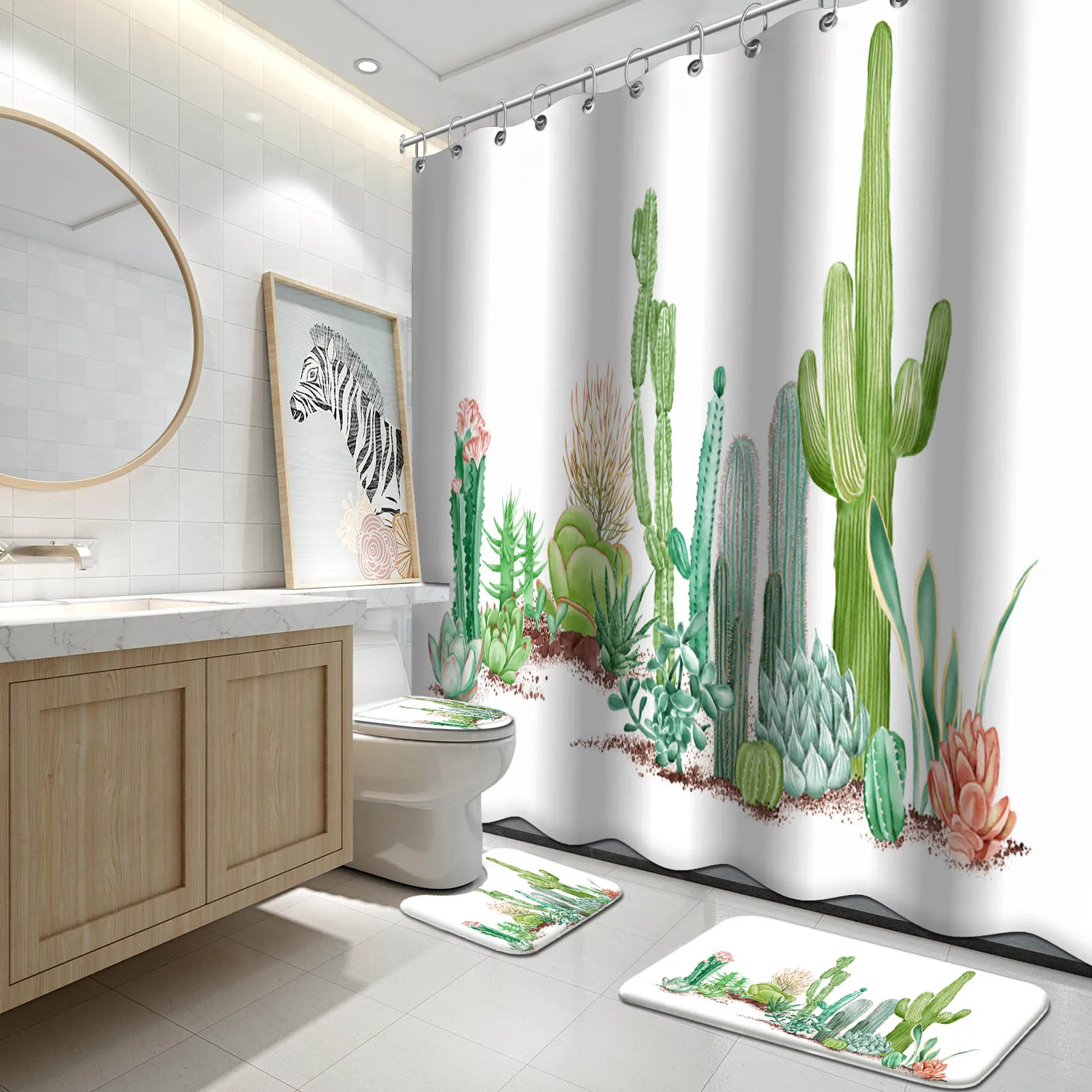 

4 Pcs Tropical Cactus Shower Curtain Sets ,Cactus Flowers Blossom Bath Curtain Durable Waterproof Fabric Bathroom Curtain Sets