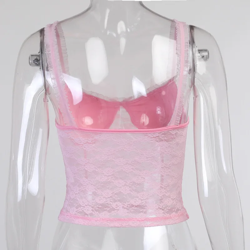 

Y2K Aesthetics Pink Lace Backless Cami Tops 2000s Fashion Bow Sleeveless Spaghetti Strap Crop Top Sexy Transparent Cloth