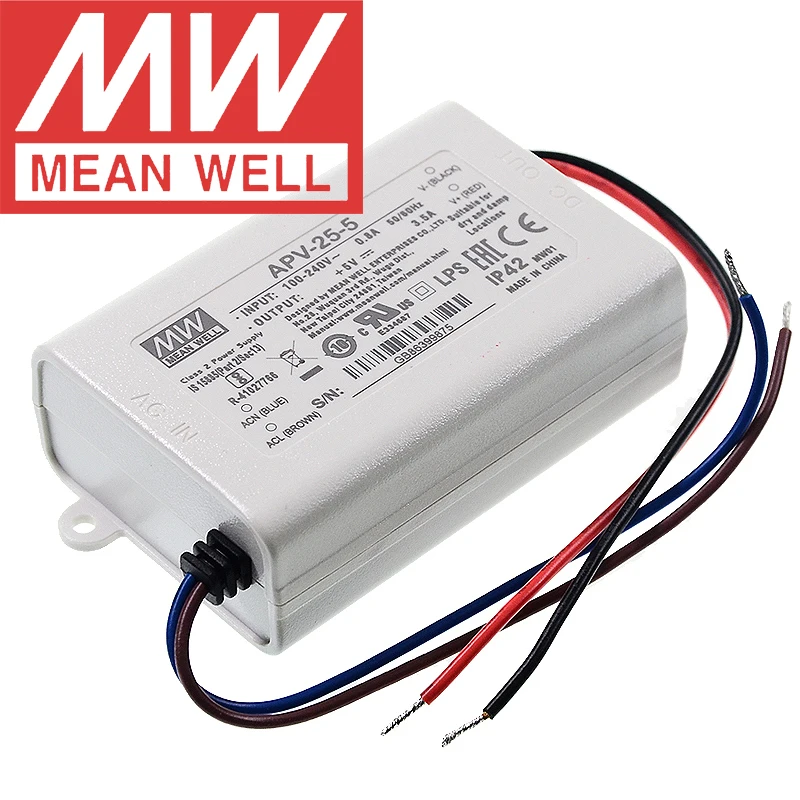 Оригинальный светодиодный импульсный источник питания Mean Well APV-25 Series meanwell 5 В/12 В/15 В/24 В с постоянным напряжением 25 Вт с одним выходом