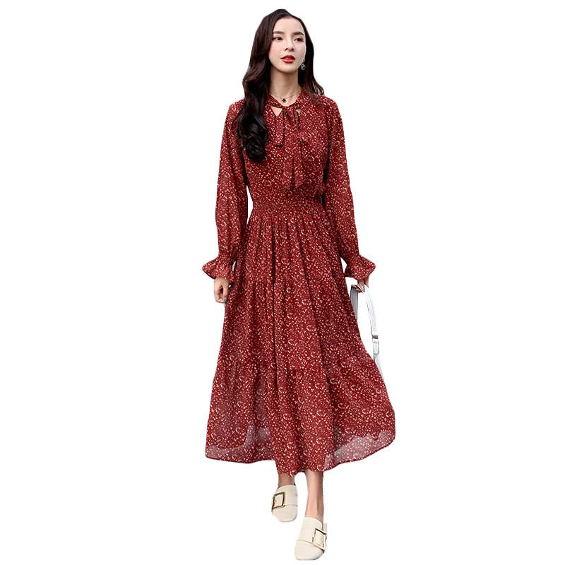 Women Chiffon Dress 2021 Spring Summer Fashion Female Long Sleeve Print Floral Vintage Casual Elastic Waist A-line Vestido | Женская