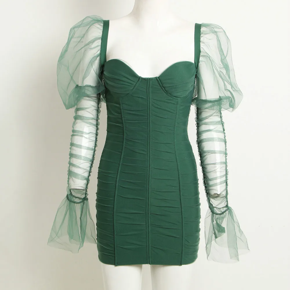 Green bandage Meqeiss, новинка, Осеннее мини кружевное Бандажное платье, женское сексуальное платье с открытой спиной, винтажные облегающие вечерние платья, элегантные платья платье бандажное платье платье с открытой спиной - Цвет: Green bandage