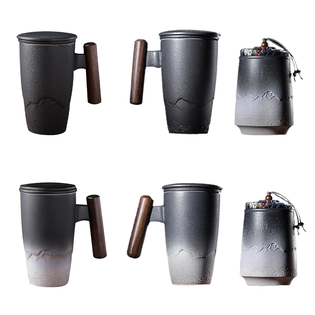 

Retro Chinese Ceramic Tea Cup with Lid and Infuser Wooden Handle Mug Drink Cup 350ml Capacity