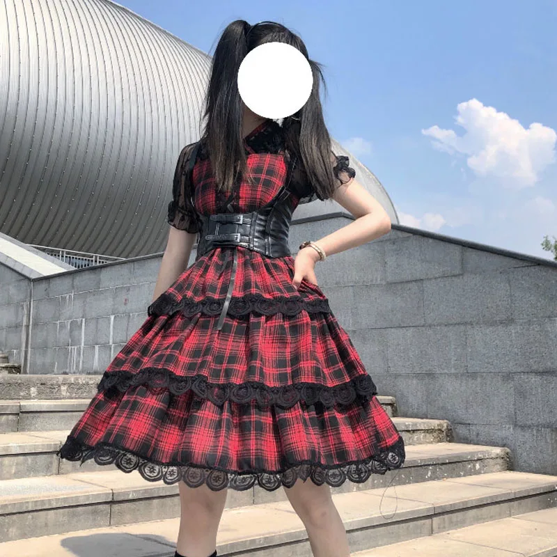 

2021 Summer Gothic Layered Lace Ruffles Lolita Dress Japanese Harajuku Women Streetwear Spaghetti Strap Red Plaid Bandage Dress