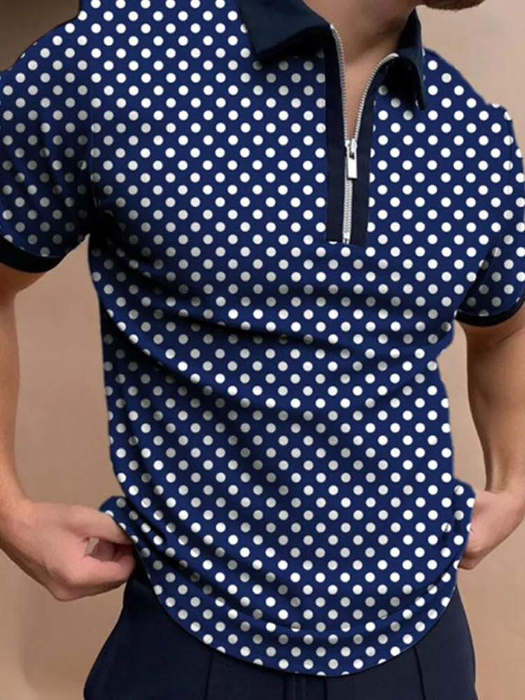 

Fashion Patchwork Polka Dot Men Short Sleeve Polo Shirts Casual Turn-down Collar Zipper Design Tops 2021 Summer Harajuku Streetw