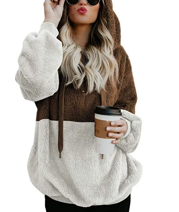 white khaki Зимние теплые Повседневное двойной Fuzzy 1/4 толстовка на молнии из искусственного флиса карман с длинным рукавом безразмерная подстежка на искусственном меху, пуловер с капюшоном пальто, верхняя одежда - Цвет: white khaki