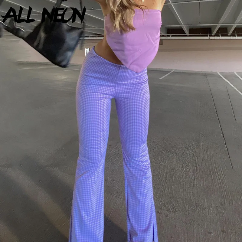 

ALLNeon 90s Aesthetics High Waist Purple Plaid Flare Pants Y2K Vintage Full Length Checkered Trousers Slit Hem Streetwear Summer