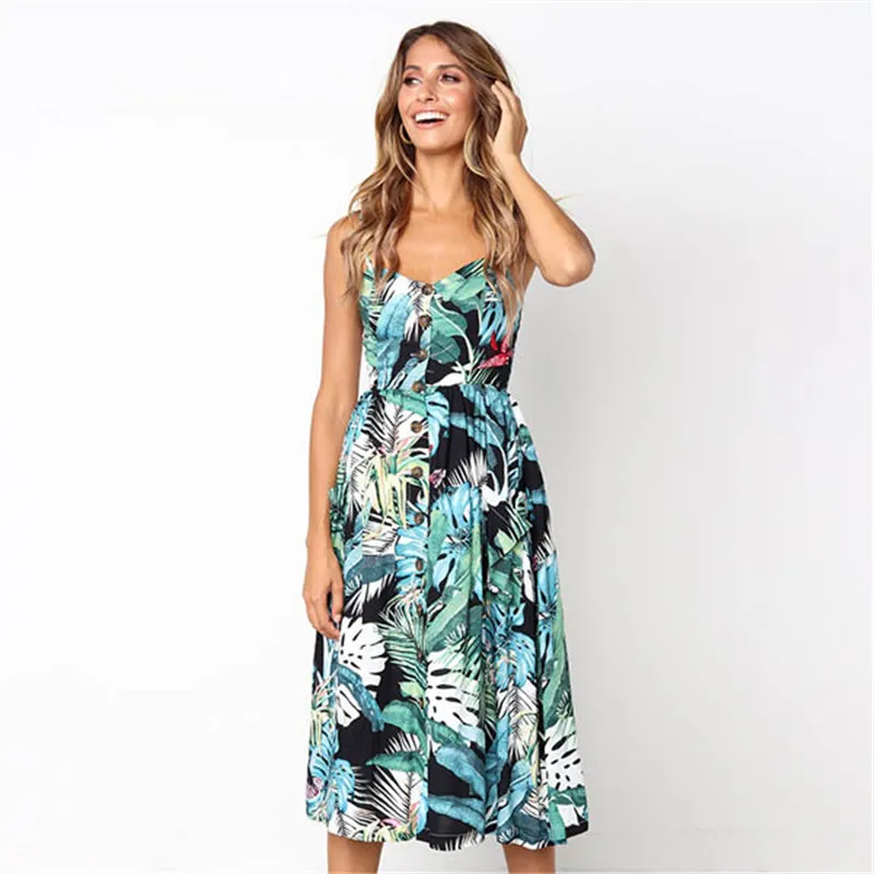 

Summer 2021 Vintage Casual Sundress Female Beach Dress Midi Button Backless Polka Dot Striped Women Dress Boho Sexy Floral Dress