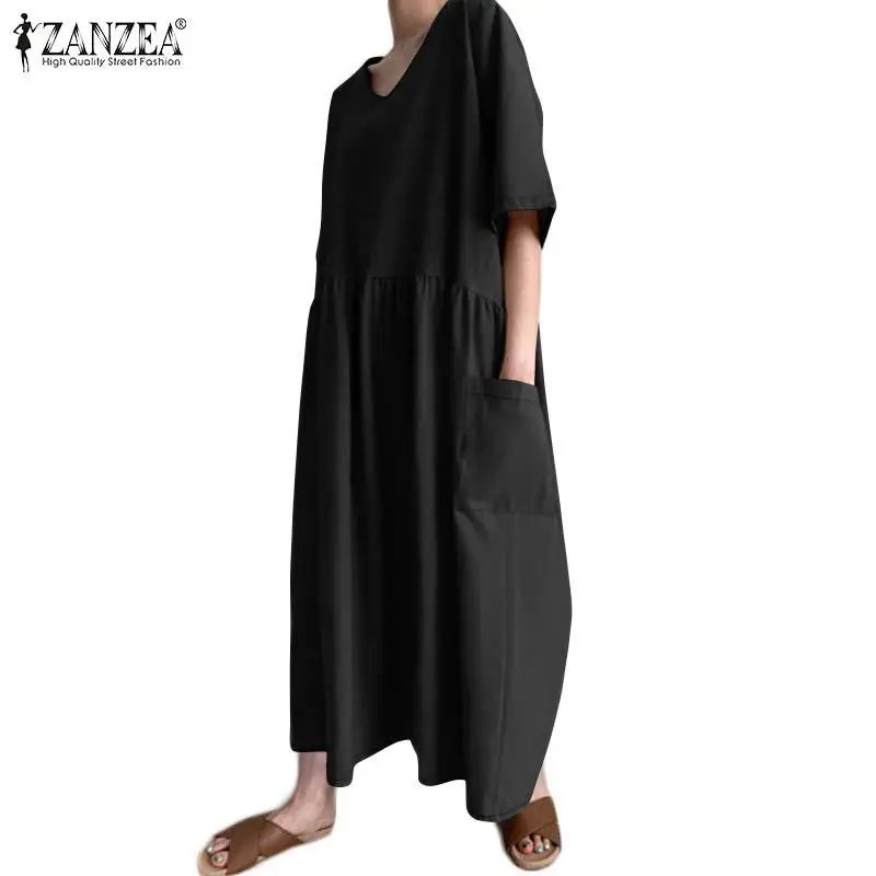 

ZANZEA Female Short Sleeve Kaftan Sundress Elegant A-Line V Neck Loose Summer Robe Casual Pleated Women Office Solid Maxi Dress