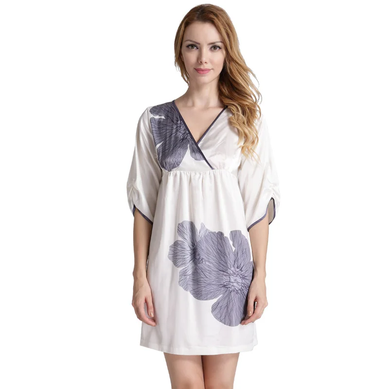 

Women's Satin Nightgown Simple Lotus Print Half Sleeves Nightdress Silky Sleeping Dress Nightwear Summer