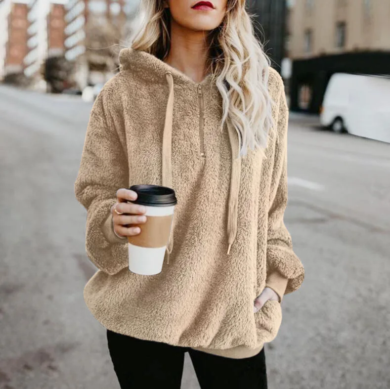 Apricot Зимние теплые Повседневное двойной Fuzzy 1/4 толстовка на молнии из искусственного флиса карман с длинным рукавом безразмерная подстежка на искусственном меху, пуловер с капюшоном пальто, верхняя одежда - Цвет: Apricot