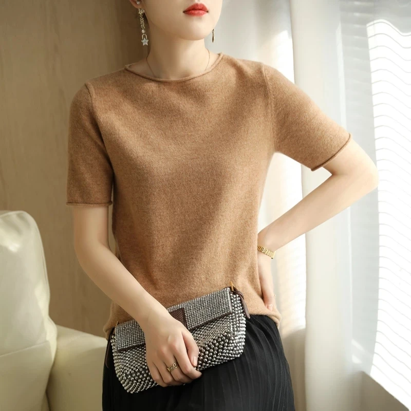 

Women's Tshirts Summer Solid Casual Knitted O-neck Tee Shirts Short Sleeve Basic Tees Ladies Tops Harajuku Thin Sweater