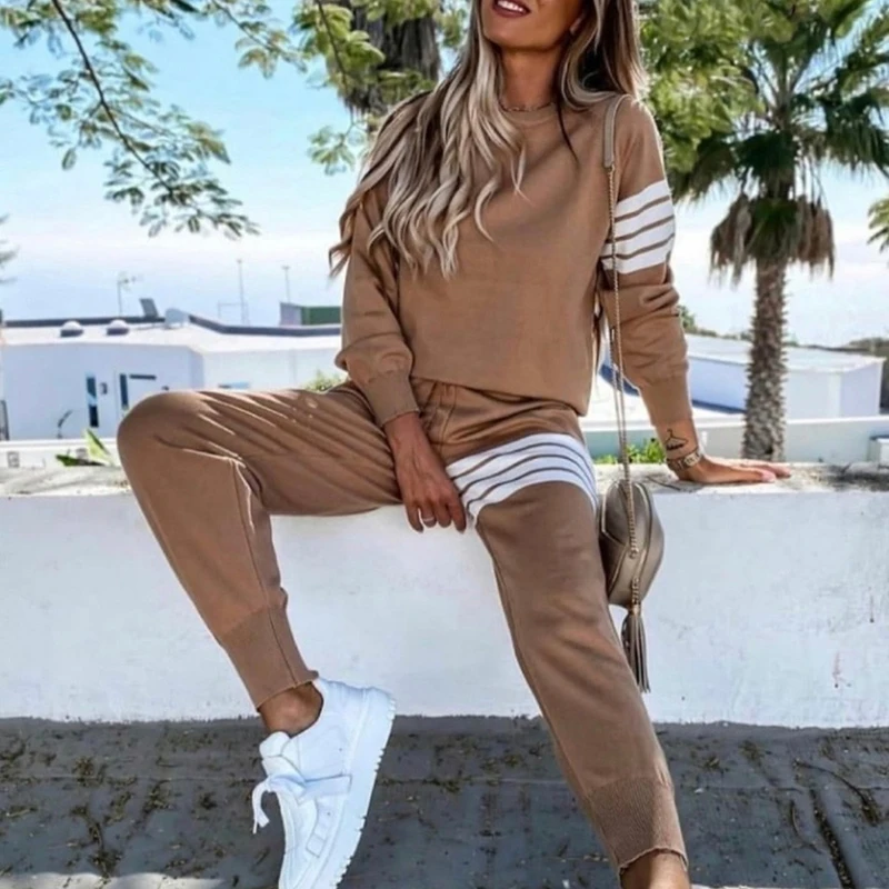 

2021 Women Long Sleeve Sets Autumn O Neck Solid Pullover Top Pocket Casual Loose Long Pants Jogger Sportswear Two Piece Outfits