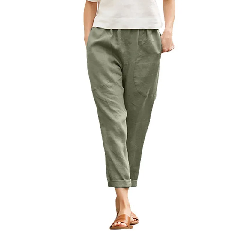 

Ladies Ladies Big Pockets Solid Color Comfortable Cotton And Linen Casual Pants Straight Leg Trousers Women