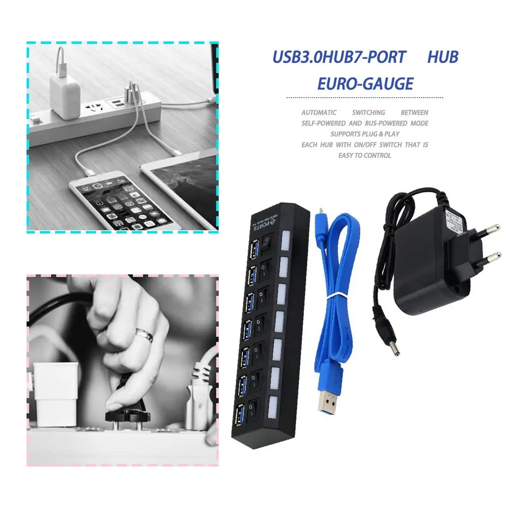 

High Speed Thin 7 Ports USB 3.0 Hub with On/Off Switch US AC Power Adapter for PC Laptop Notebook Computer