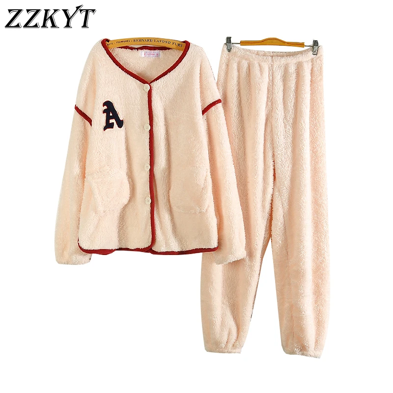 Зима 2021, Женские флисовые пижамные комплекты, махровая женская пижама с круглым вырезом, костюм из 2 предметов с брюками, плотная теплая Женс... от AliExpress RU&CIS NEW