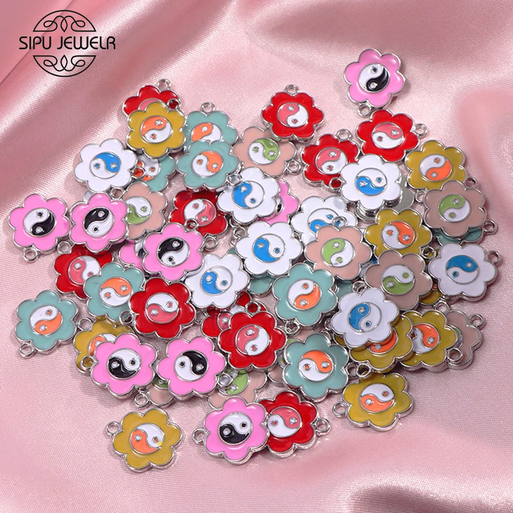 

10Pcs Zinc Alloy Enamel Bagua Tai Chi Charms 17*15mm Metal Yin Yang Tai Chi Flowers Jewelry Charm For DIY Necklace Earrings Bulk