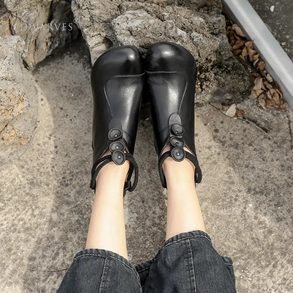 

2020 Handmade Genuine Leather Pumps Retro Round Toe Women Ankle Boots Block Heels Slip On Office Shoes Back Zipper Coffee/Black