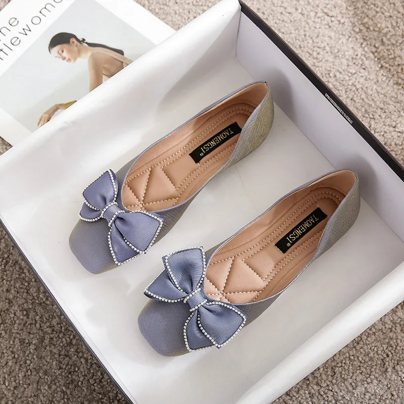 Women Ballet Flat Shoes Bling Crystal Diamond Bow Ballet Flats Ladies Single Shoes Square Toe Pumps Office Lady Big Size Loafers