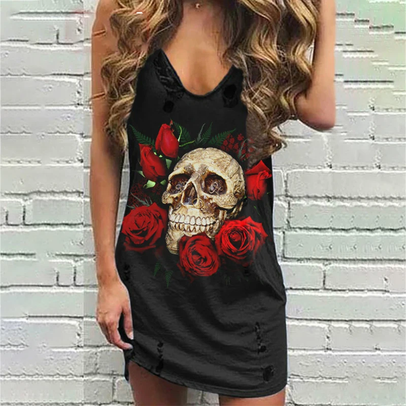 

Women 2020 Summer New Skull Print Fashion Casual Sleeveless Mini Dress Hole V-neck Vest Punk Plus Size Loose Y2k Dresses